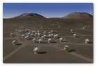 :: Pulse para Ampliar :: Recreación artística del proyecto de radioastronomía más grande jamás construido: ALMA (Atacama Large Millimeter/submillimeter Array). Serán 66 antenas que apuntarán al cielo con la coordinación de un ballet.
