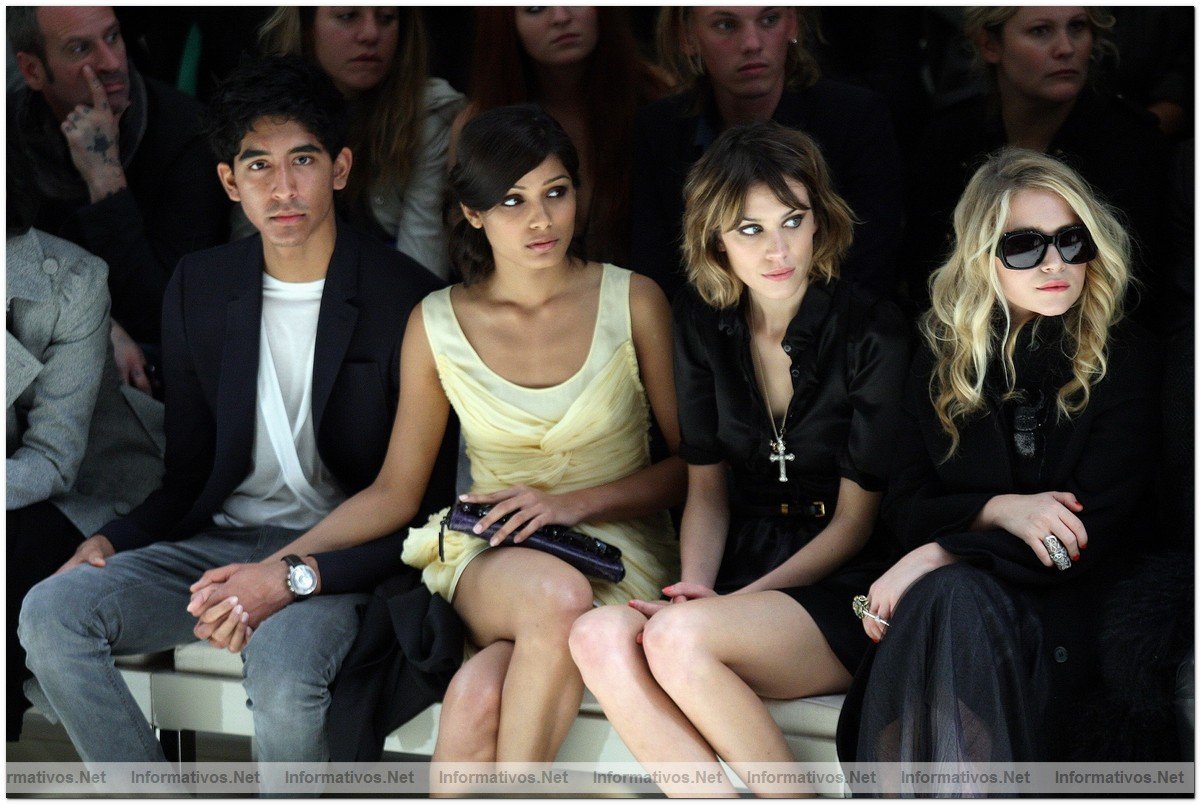 Dev Patel, Freida Pint, Alexa Chung and Mary-Kate Olsen watch from the front row at the Burberry Prorsum Spring/Summer 2010 Show