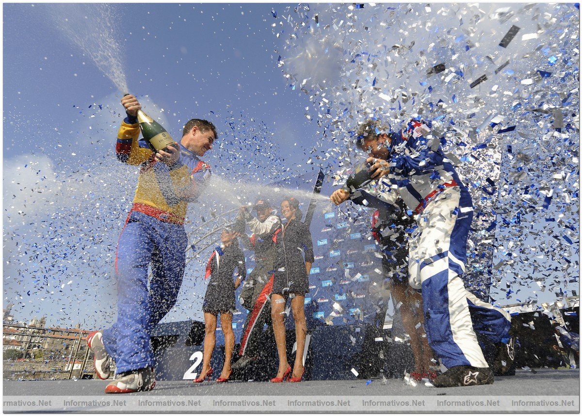 Australian pilot Matt Hall sprays champaign after taking third placeat the fifth round of the 2009 Red Bull Air Race World Championship  in Porto, Portugal,  September 13,  2009