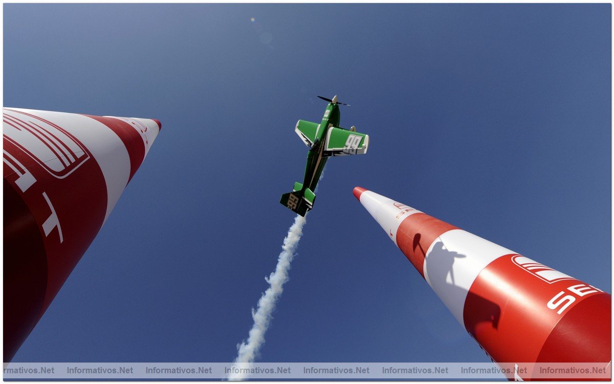 American Pilot Michael Goulian flies through an Air Gate during the qualifying session of the fourth round of the 2009 Red Bull Air Race World Championship in Budapest, Hungary, August 19, 2009.
