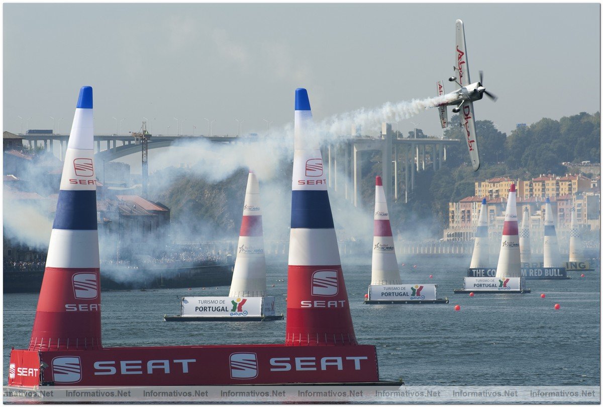 Austrian Pilot Hannes Arch flies through an air gate, Arch finished in second place at the fifth round of the 2009 Red Bull Air Race World Championship in Porto, Portugal,  September 13,  2009.