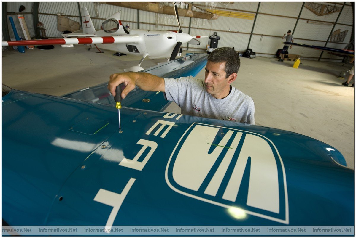 Technicians for American Pilot Michael Goulian at the Aerodroma Maia (back up airport) during preparation for the fifth round of the 2009 Red Bull Air Race World Championship  in Porto, Portugal