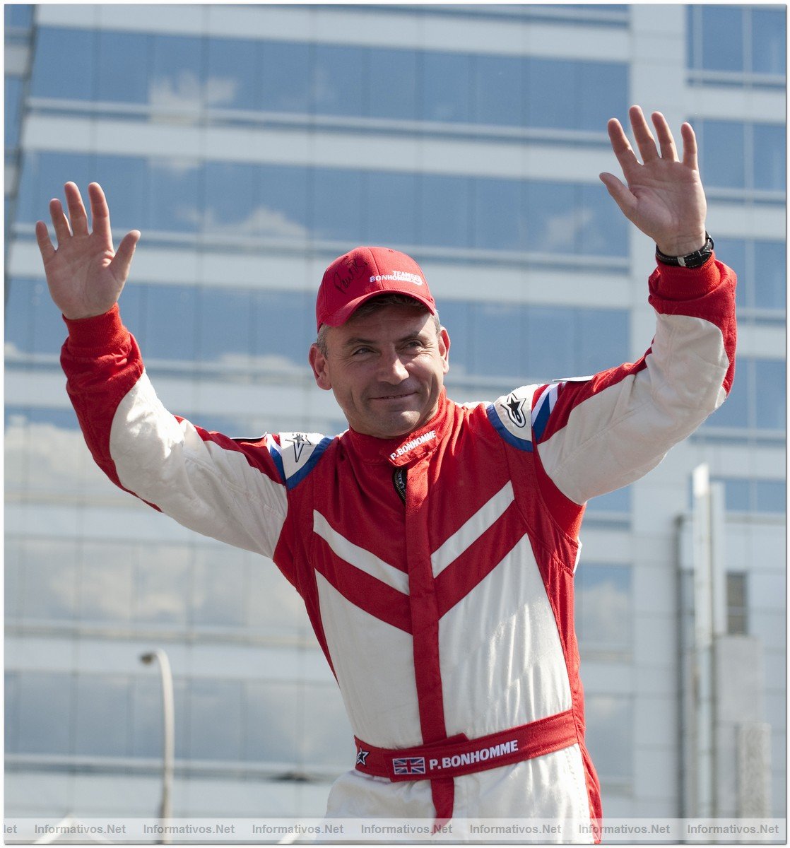 British Pilot Paul Bonhomme on the podium after winning the third round of the 2009 Red Bull Air Race World Championship in Windsor, Canada,  June 14, 2009. Second place was taken by Austria's  Hannes Arch.
