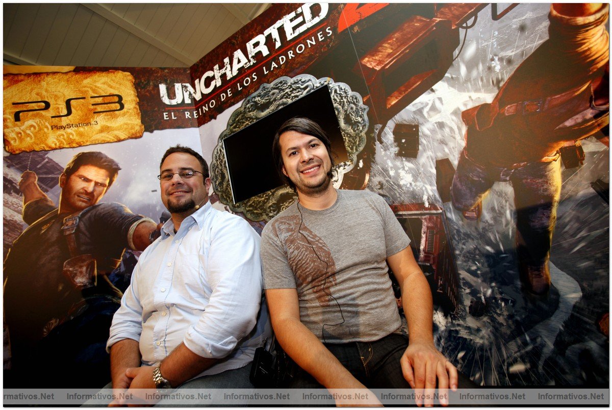 Justin Richmond y Arne Meyer, de Naughty Dog, en la presentacin de  "Uncharted 2: El Reino de los Ladrones" en Madrid