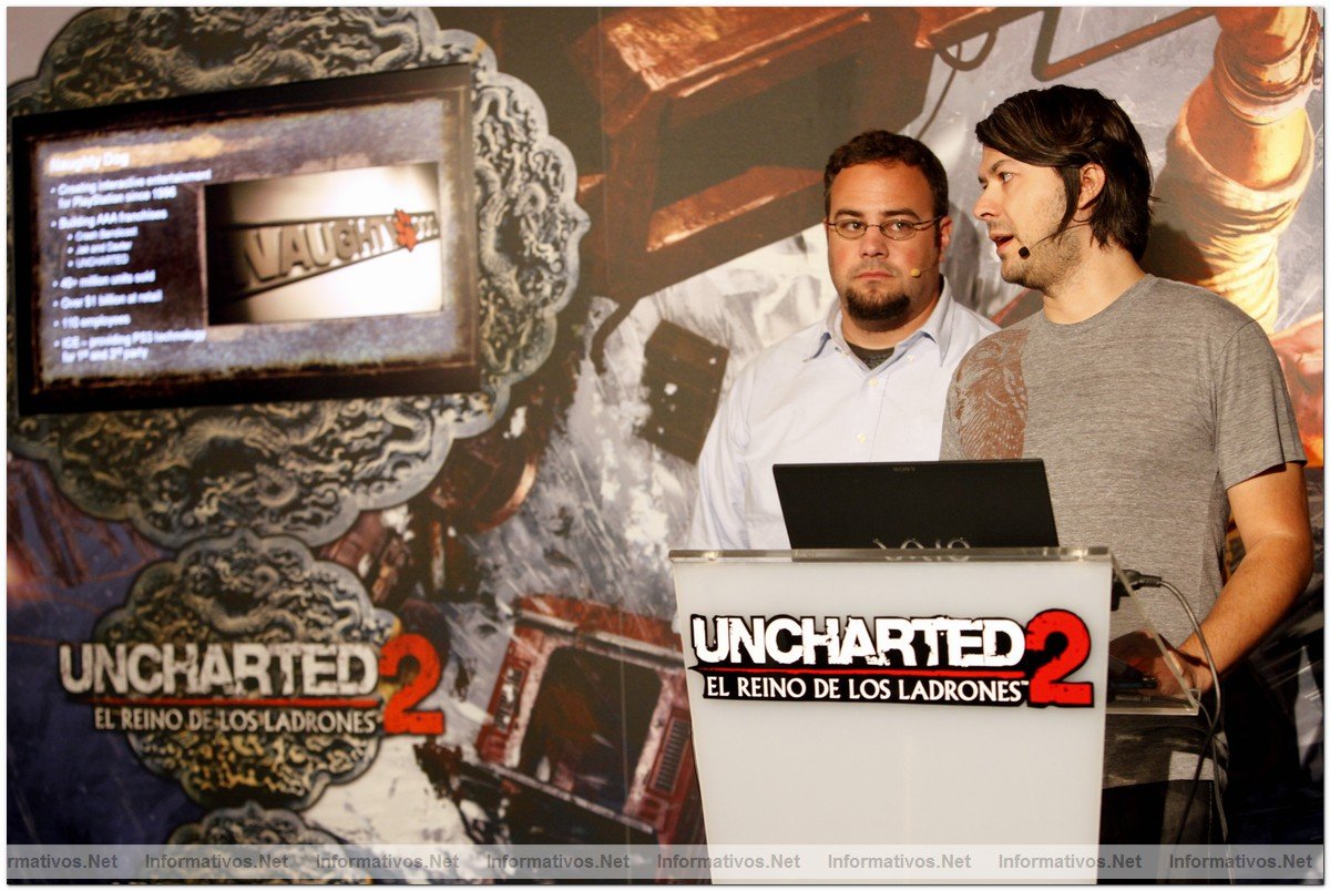 Justin Richmond y Arne Meyer, de Naughty Dog, en la presentacin de  "Uncharted 2: El Reino de los Ladrones" en Madrid