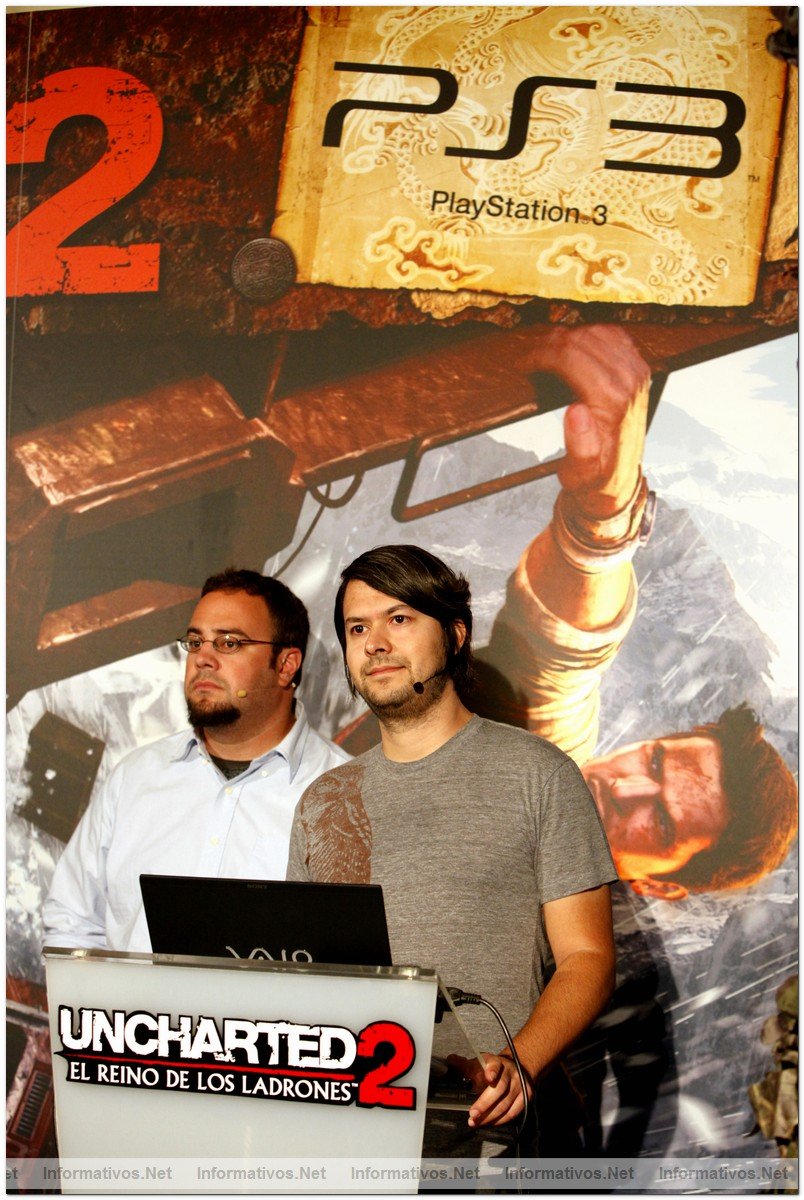 Justin Richmond y Arne Meyer, de Naughty Dog, en la presentacin de  "Uncharted 2: El Reino de los Ladrones" en Madrid