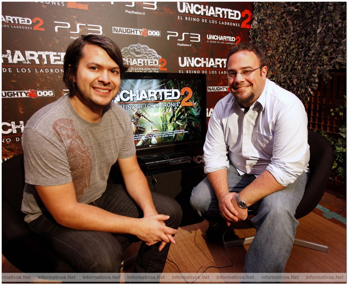 Justin Richmond y Arne Meyer, de Naughty Dog, en la presentacin de  "Uncharted 2: El Reino de los Ladrones" en Madrid