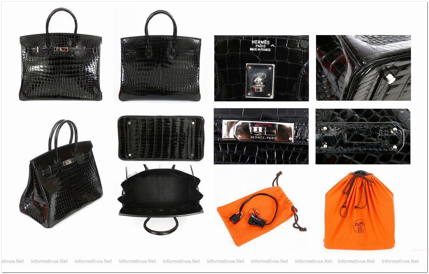 Birkin de Hermes, de piel de cocodrilo calidad porosus y color negro acabado brillante