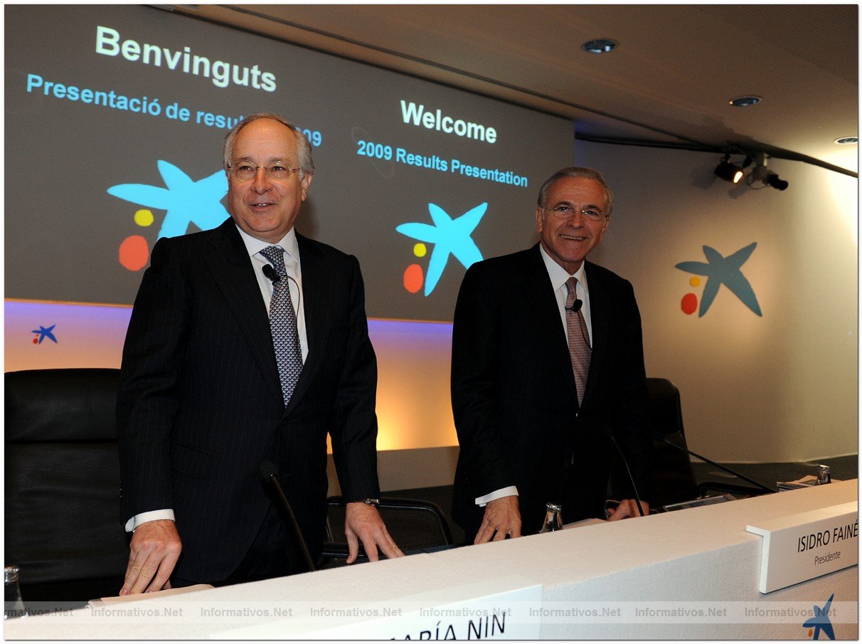 El director general de "la Caixa", Juan Mara Nin, y el presidente, Isidro Fain en la rueda de prensa de presentacin de resultados