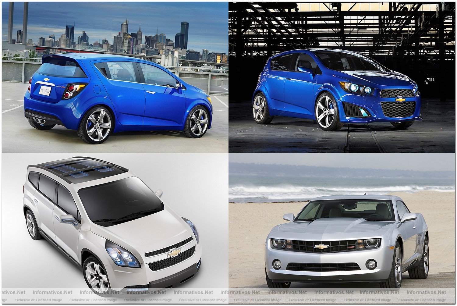 Chevrolet at 2010 Geneva Motor Show: Aveo RS show car (top left and top right), Orlando concept car and Camaro (bottom left and bottom right)
