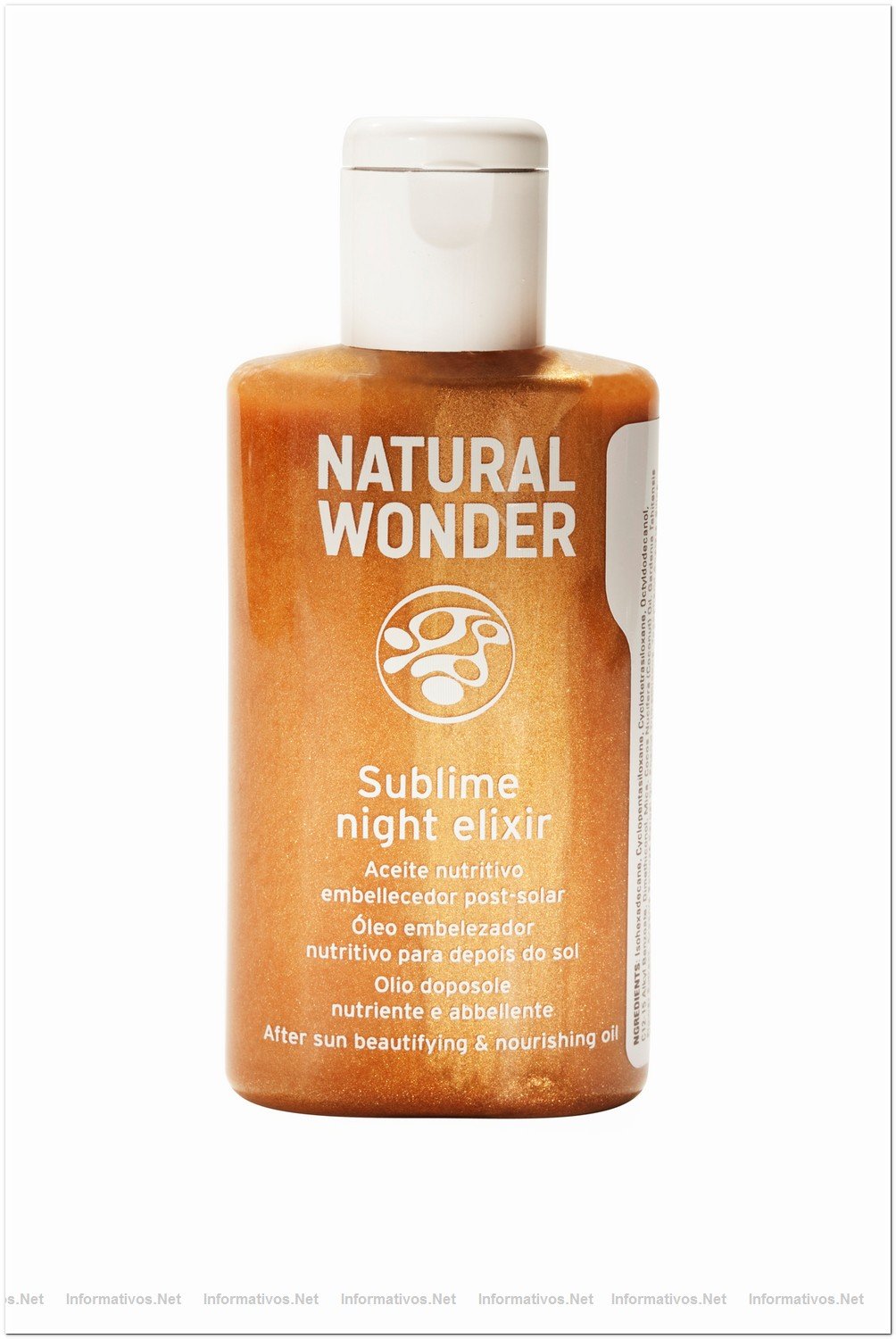 Sublime Night Elixir;  elixir de textura ligera de fcil absorcin ultra nutritivo y embellecedor, repara e hidrata la piel y el cabello tras la exposicin al sol. Su frmula enriquecida con vitamina E, aceite de Argn y aceite de Mono calma, repara y nutre la piel. El elixir incorpora pequeas partculas doradas que aportan un sutil brillo que realza el bronceado.