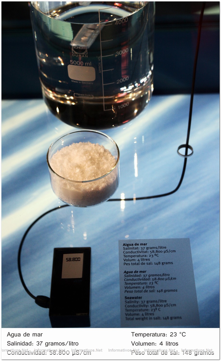 Agua de marSalinidad: 37 gramos/litro Conductividad: 58.800 µS/cmTemperatura: 23 °C Volumen: 4 litrosPeso total de sal: 148 gramos