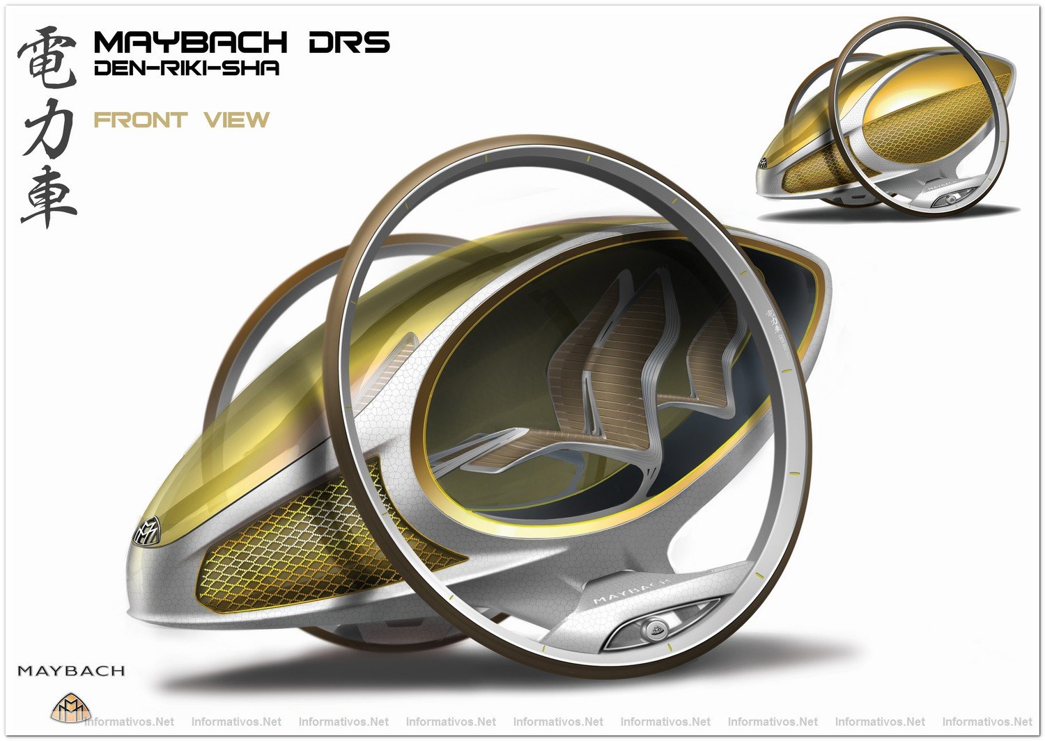 Mercedes-Benz Research and Development Japan: Advanced Design Center Japan .- 
Mejorando los valores del clsico "Jin-Riki-Sha" (cochecito tirado por el hombre), el MAYBACH DRS "Den-Riki-Sha" (cochecito tirado por hombre con propulsin elctrica) integra los atributos de una nueva cultura de automvil radical en un futuro cercano. El resultado: una composicin futurista de la construccin ultraligera con un exterior nico lujoso y expresin interior. Motorizado por una unidad de conduccin elctrica auto-equilibrada y controlada por un ordenador de abordo conectado a la infraestructura de transporte de la megaciudad, el MAYBACH DRS proporciona un viaje perfecto y lujoso a travs de la ciudad.
