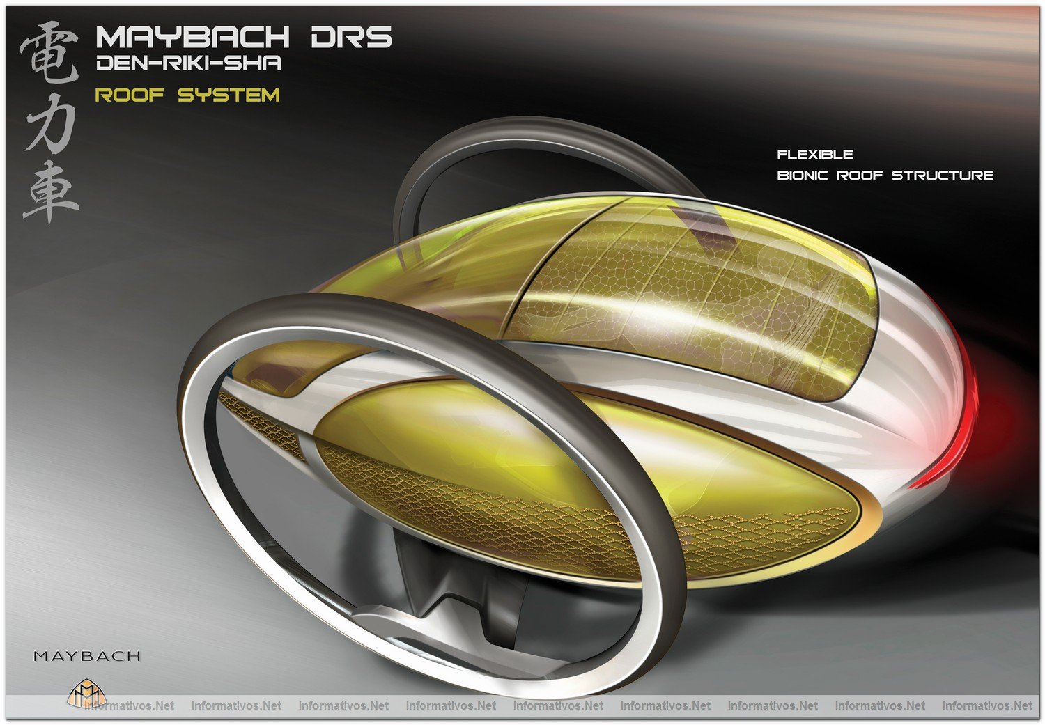Mercedes-Benz Research and Development Japan: Advanced Design Center Japan .- 
Mejorando los valores del clsico "Jin-Riki-Sha" (cochecito tirado por el hombre), el MAYBACH DRS "Den-Riki-Sha" (cochecito tirado por hombre con propulsin elctrica) integra los atributos de una nueva cultura de automvil radical en un futuro cercano. El resultado: una composicin futurista de la construccin ultraligera con un exterior nico lujoso y expresin interior. Motorizado por una unidad de conduccin elctrica auto-equilibrada y controlada por un ordenador de abordo conectado a la infraestructura de transporte de la megaciudad, el MAYBACH DRS proporciona un viaje perfecto y lujoso a travs de la ciudad.