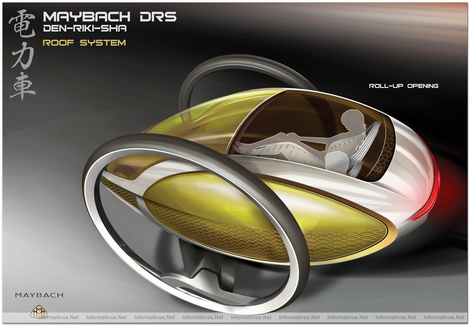 Mercedes-Benz Research and Development Japan: Advanced Design Center Japan .- 
Mejorando los valores del clsico "Jin-Riki-Sha" (cochecito tirado por el hombre), el MAYBACH DRS "Den-Riki-Sha" (cochecito tirado por hombre con propulsin elctrica) integra los atributos de una nueva cultura de automvil radical en un futuro cercano. El resultado: una composicin futurista de la construccin ultraligera con un exterior nico lujoso y expresin interior. Motorizado por una unidad de conduccin elctrica auto-equilibrada y controlada por un ordenador de abordo conectado a la infraestructura de transporte de la megaciudad, el MAYBACH DRS proporciona un viaje perfecto y lujoso a travs de la ciudad.
