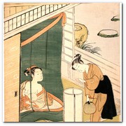 :: Pulse para Ampliar :: Suzuki Harunobu (1725-1770). "Joven mujer con su bebé detrás de una red de mosquitos", Suzuki Harunobu. Harunobu fue un maestro de la estampa japonesa y creador de la técnica nishiki-e (1765) para la producción de grabados.