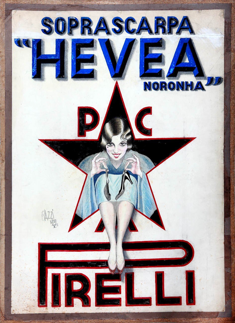 Mario Giangaspare Bazzi, Bozzetto per pubblicit di soprascarpe "Hevea", 1927 - Mario Giangaspare Bazzi, Sketch Hevea overshoes ad, 1927