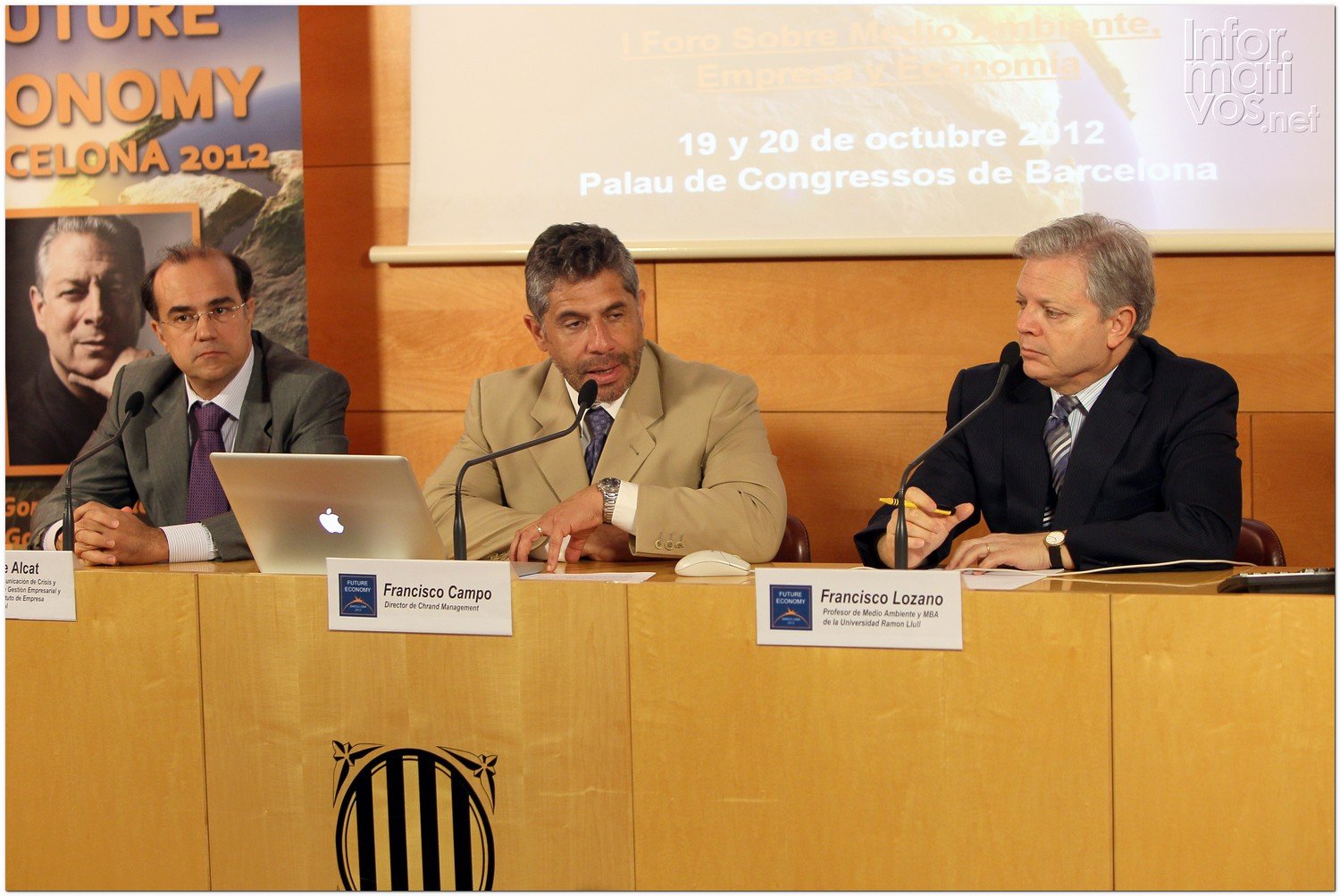 BCN24JUL012.- Presentación del "Future Economy: I Foro sobre Medio Ambiente, Empresa y Economía" liderado por Al Gore.  Enrique Alcat, experto en comunicación; Francisco Campo -director de la empresa organizadora del evento, Chrand Management-; y Francisco Lozano, biólogo