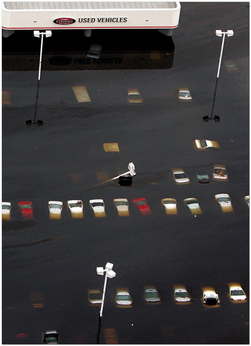 Aerial photo of a flooded car dealership, Thursday, Sept. 1, 2005, in New Orleans, LA.  The New Orleans area is flooded as a result of Hurricane Katrina passing through the area on Monday.