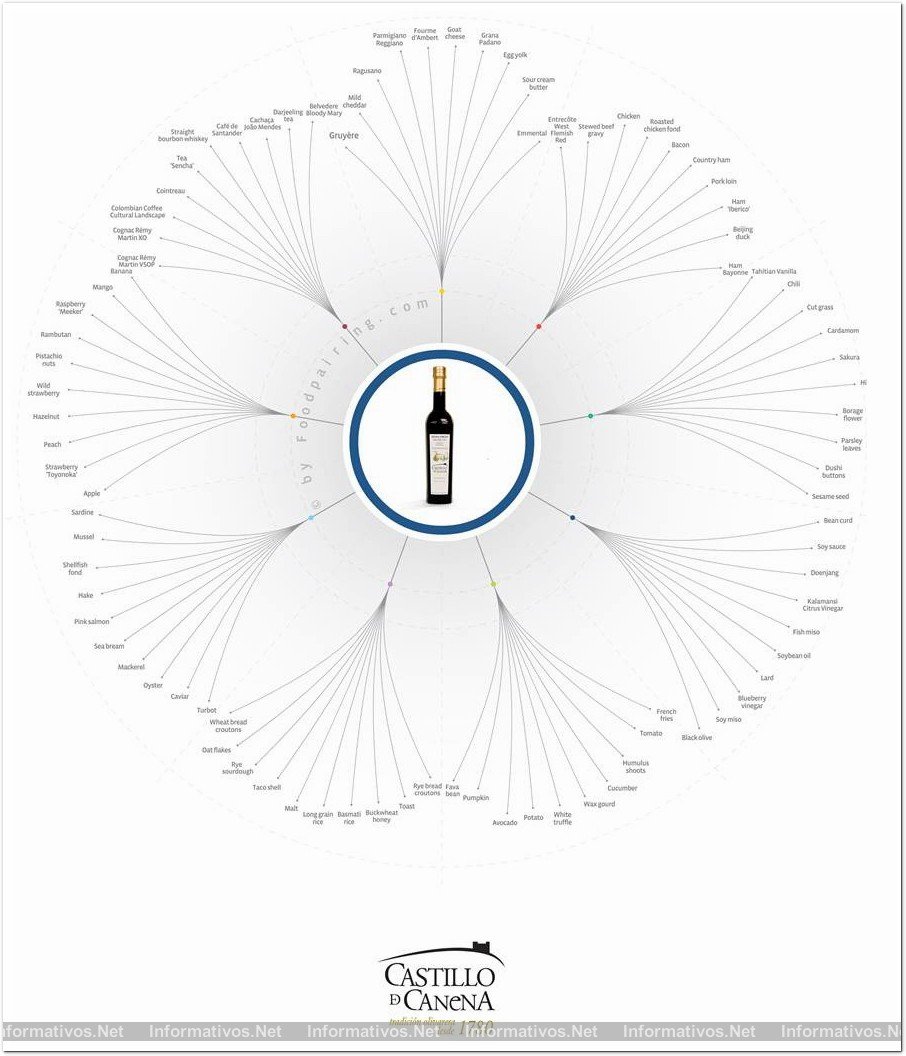 Foodpairing y las moléculas que maridan con el aceite de oliva: un árbol con las posibles combinaciones por grupos de  alimentos: carnes, pescados, hierbas y especias…  Todos ellos son adecuados, pero cuanto más  cerca está el punto de la rama del centro del cuadro, mejor será el maridaje.