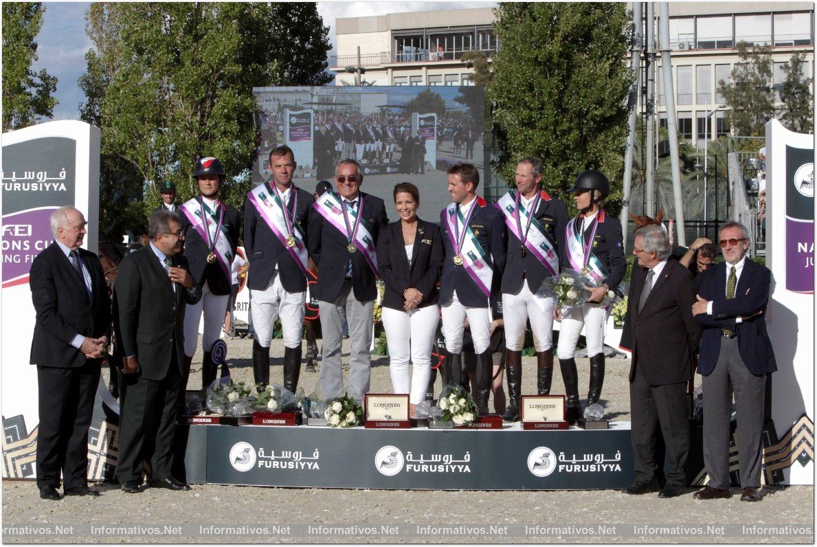 BCN28SEP013.- 102º edición del CSIO Barcelona. El equipo francés, vencedor de la Furusiyya FEI Nations Cup™ Jumping Final. Capitaneado por Philippe Guerdat y formado por Patrice Delaveau (Orient Express Hdc), Aymeric De Ponnat (Armitages Boy), Simon Delestre (Qlassic Bois Margot) y Penélope Leprevost