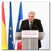 :: Pulse para Ampliar :: 15DIC013.BCN-Perpignan.- Inauguración Alta Velocidad España-Francia. El ministro delegado de Transportes de Francia, Frédéric Cuvillier durante su parlamento ante el ministro del Interior, Jorge Fernández Díaz; y la ministra de Fomento, Ana Pastor