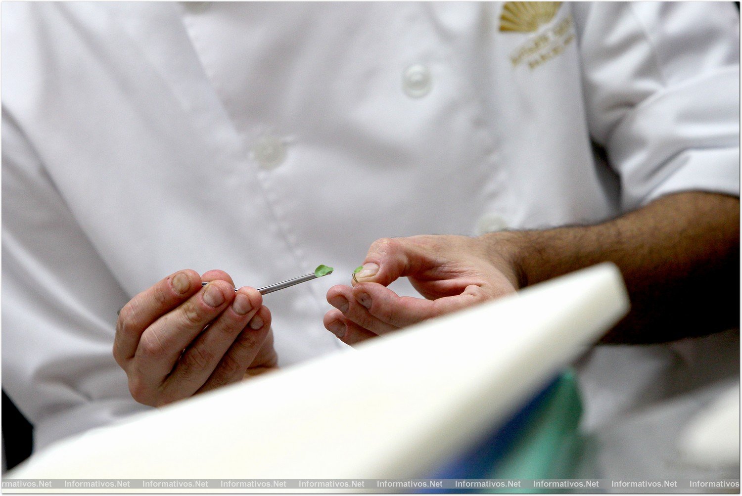 BCN28OCT014.- El chef Ángel León ha presentado hoy su espacio 'El Bistreau' en el Hotel Mandarín Oriental Barcelona. Delicada preparación del ¿Surimi? en cocina