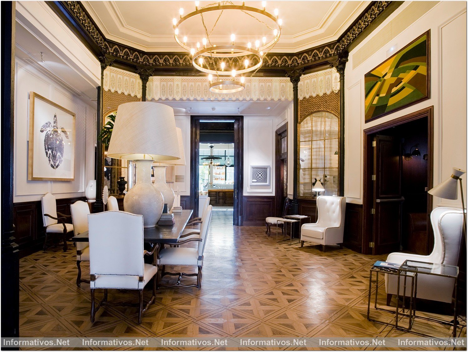 Hotel Cotton House Barcelona. Gossypium (flor de algodón en latín) con los suelos de parquet de marquetería original del siglo XIX