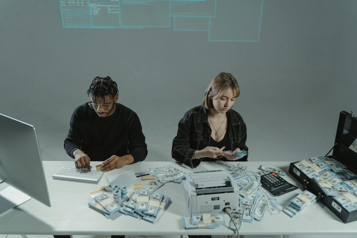 Two people counting money at a desk with computers and cash equipment.